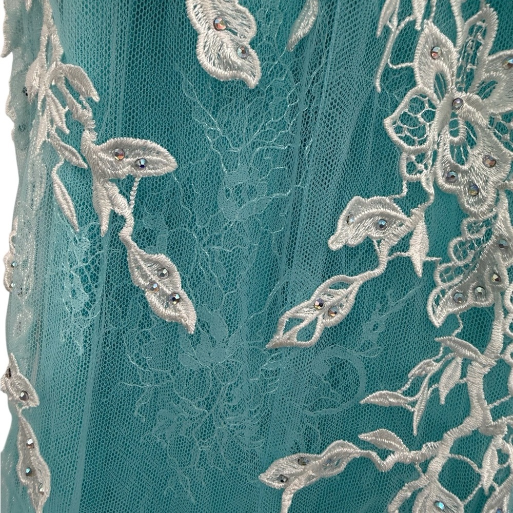 Jovani Turquoise Long Appliqued High Slit Sheath Gown NEW Size 4 Mermaid JVN - Picture 11 of 16